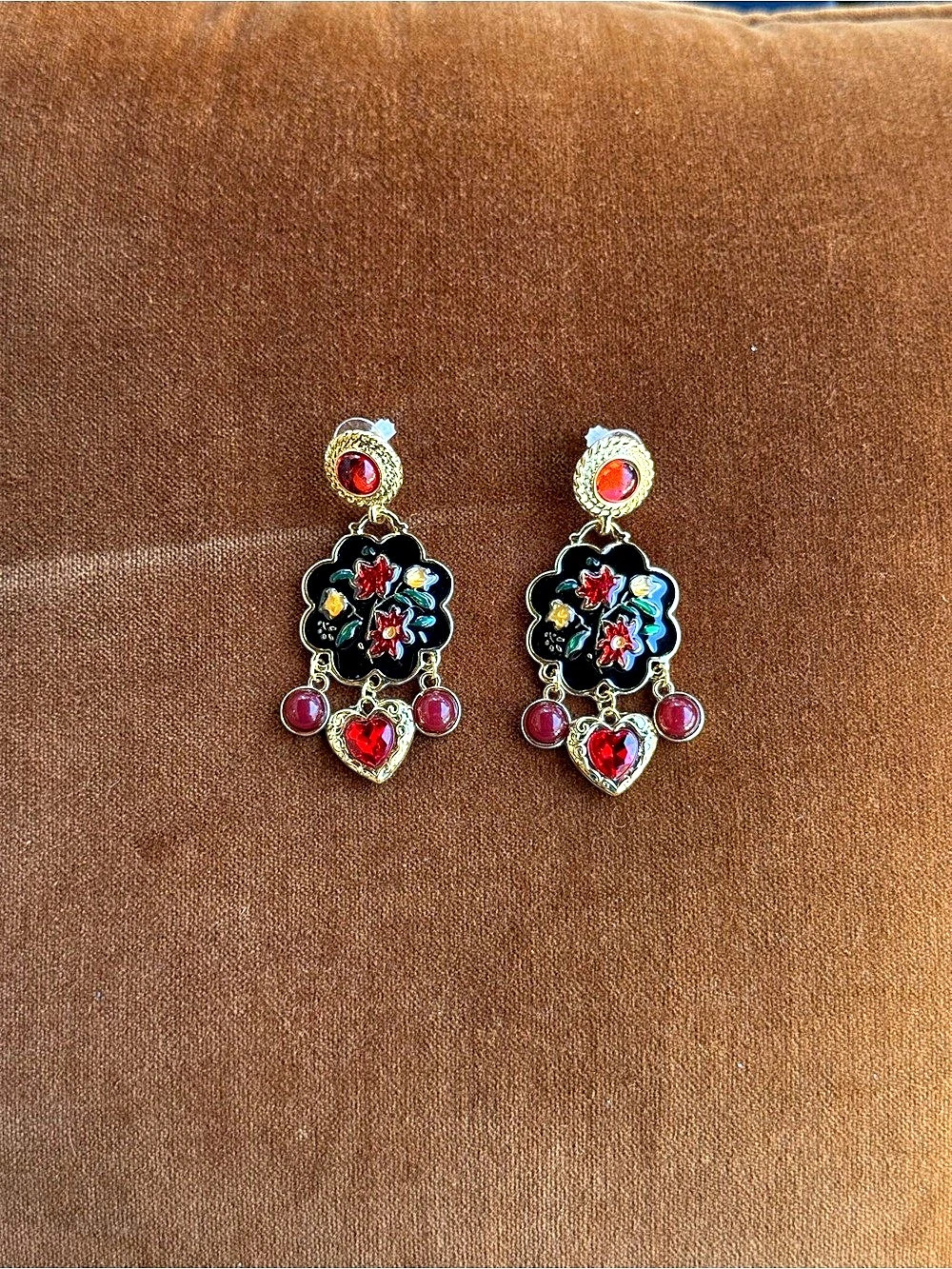 Vintage inspired Floral Enamel Drop Earrings in Gold Tone